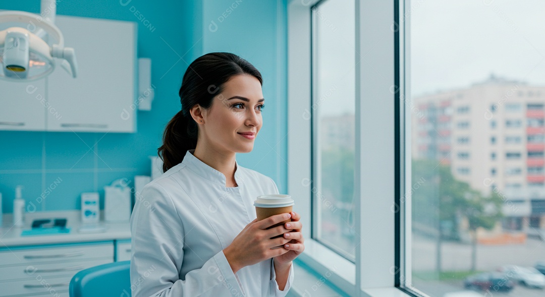 Dentista jovem linda em seu consultório tomando café aguardando paciente