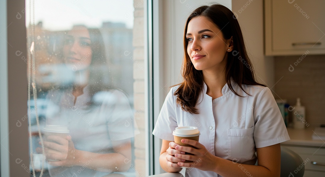 Dentista jovem linda em seu consultório tomando café aguardando paciente