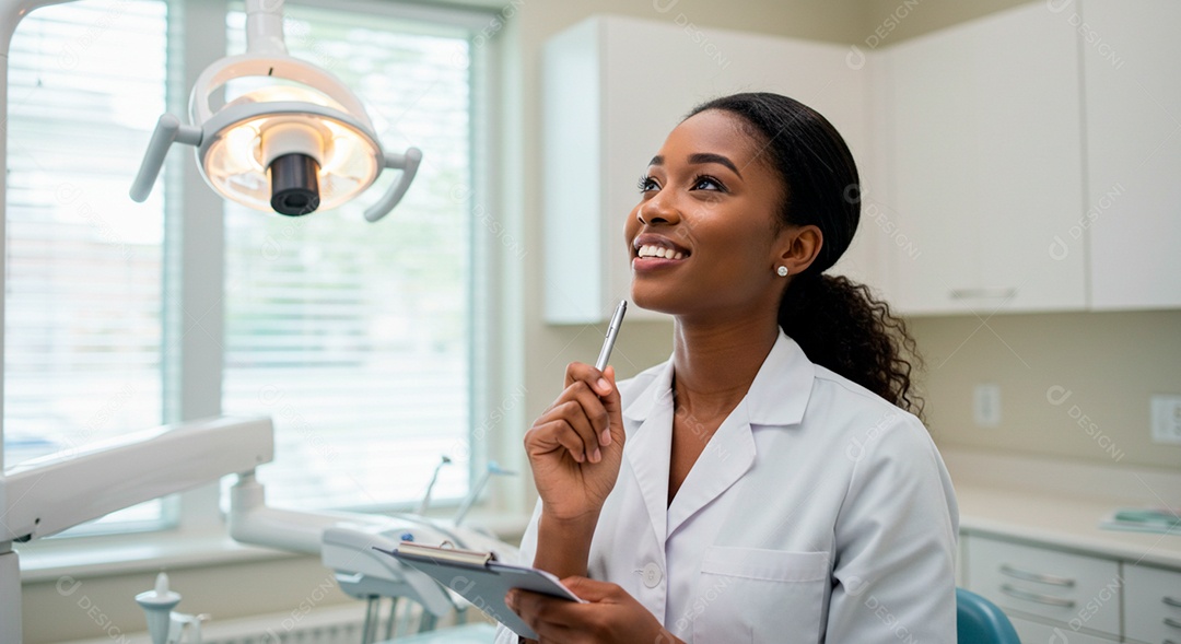 Dentista jovem e linda analisando prótese dentária