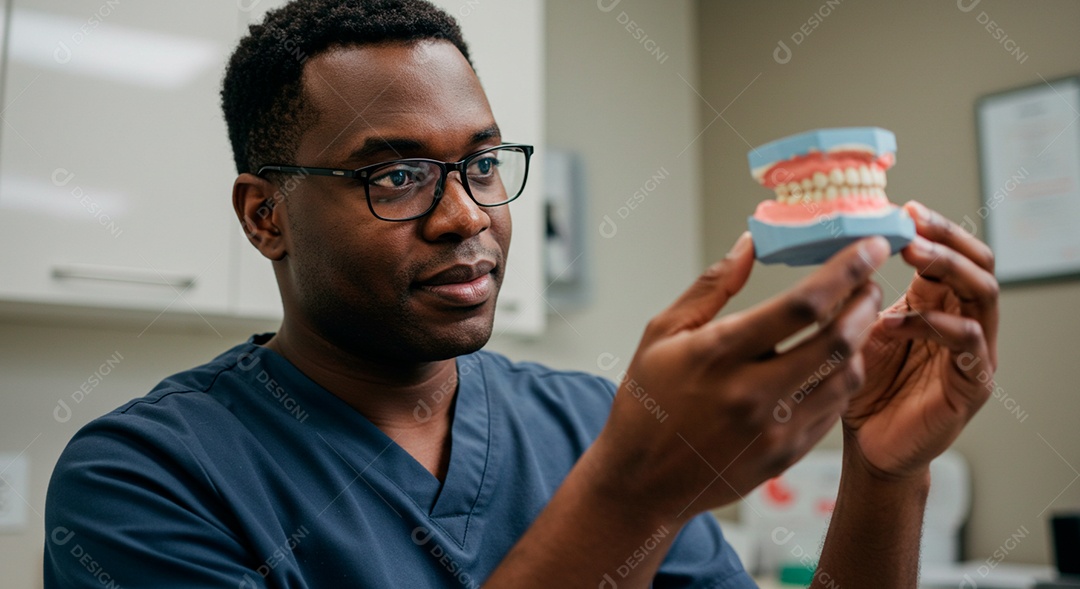 Dentista homem feliz olhando molde de dentes em seu aparelho odontológico