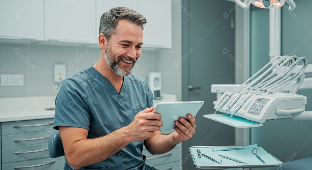 Dentista homem feliz olhando seus trabalho em consultório