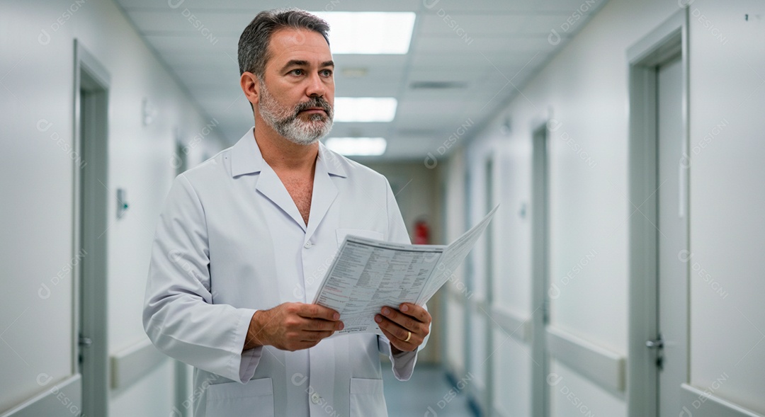Médico experiente em corredor de hospital com exame nas mão