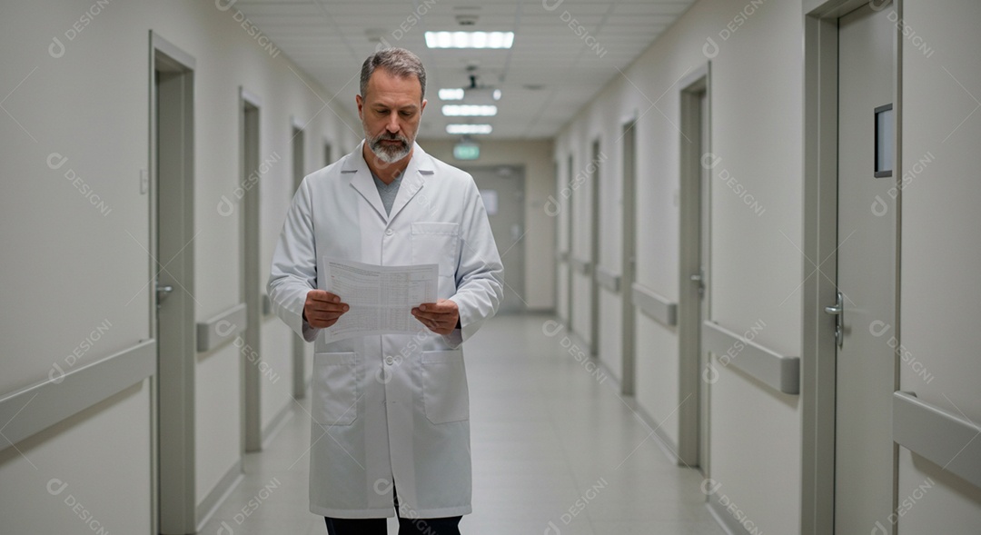 Médico experiente com exames na mão em corredor de hospital