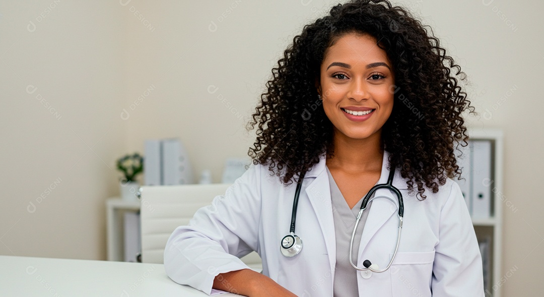 Médica afro linda em sala de atendimento