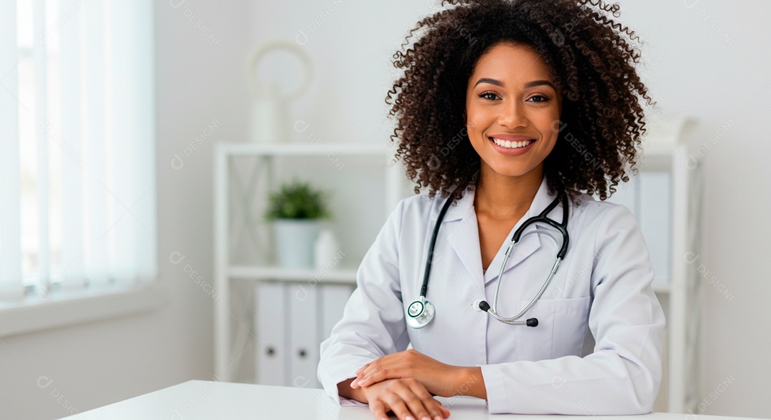 Médica afro linda em sala de atendimento