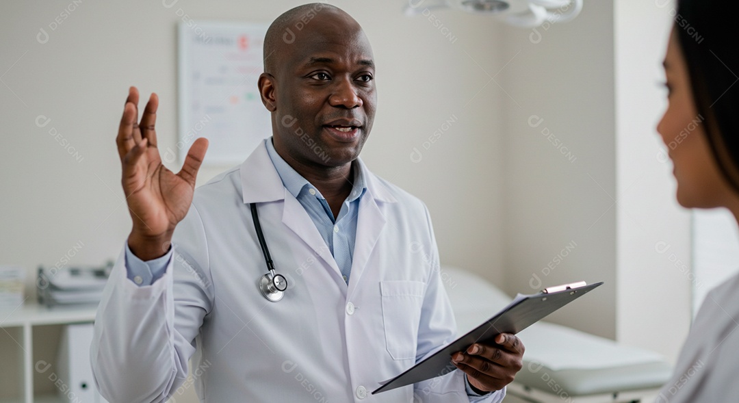 Médico negro bonito debatendo exame de um paciente com enfermeira
