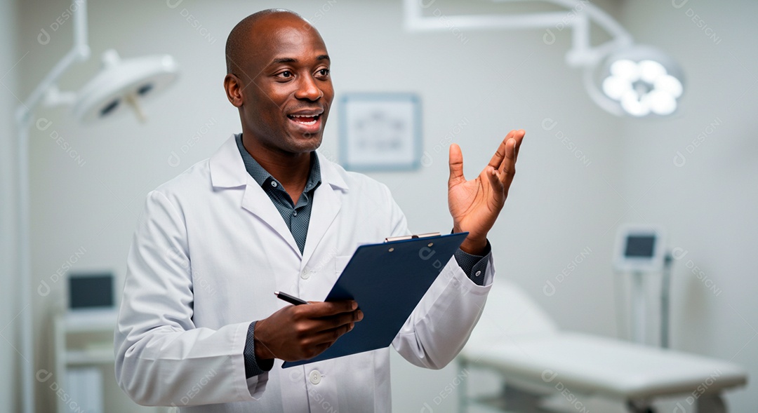 Médico negro olhando exame de um paciente