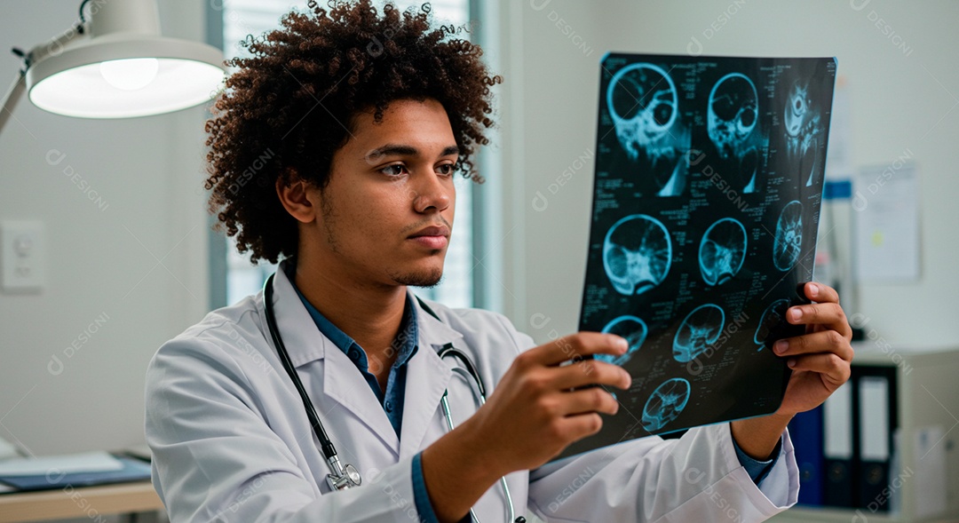 Médico jovem analisando raio x de uma paciente