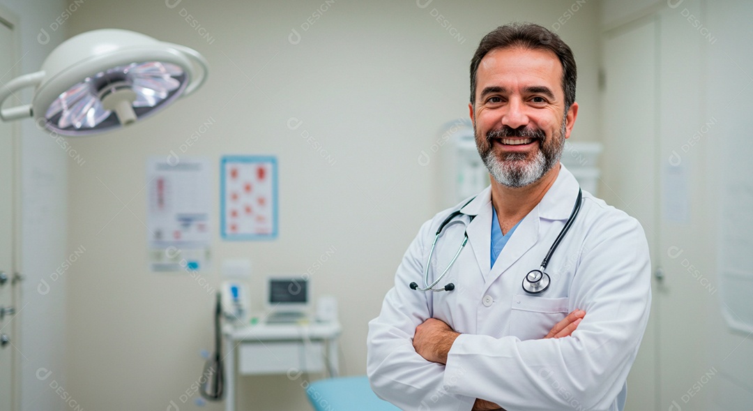Médico lindo experiente de braços cruzados em sala de atendimento