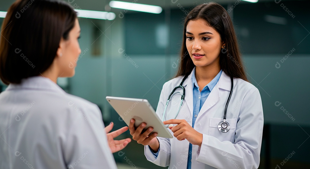 Médica e enfermeira conversando sobre pacientes