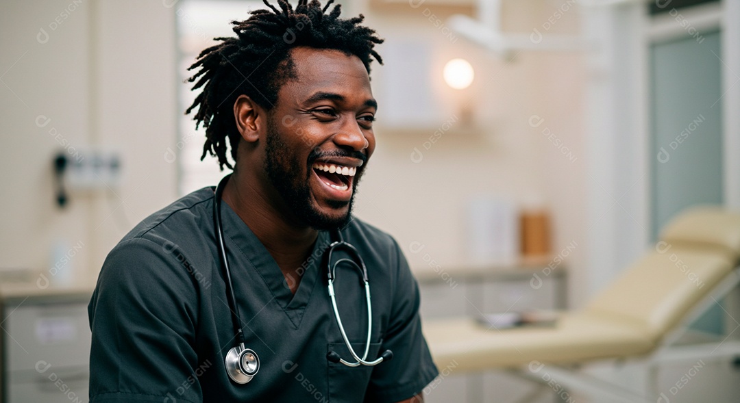 Homem negro médico feliz em seu ambiente de trabalho