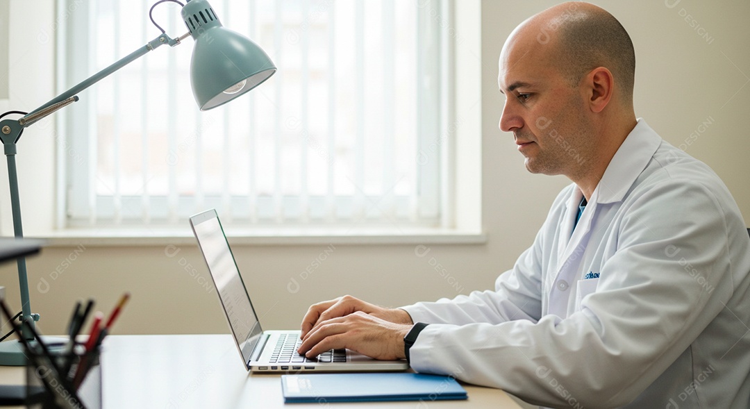 Médico trabalhando em seu laptop