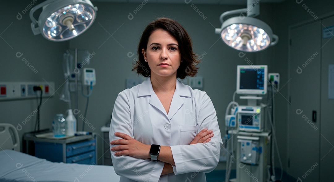 Médica experiente em sala de cirurgia aguardando paciente