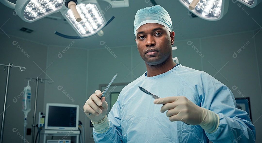 Médico negro lindo cirurgião em atendimento na sala
