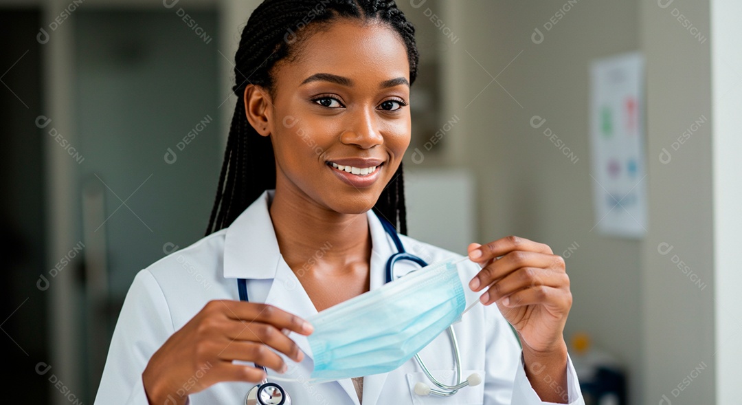 Médica afro linda colocando máscara para consulta