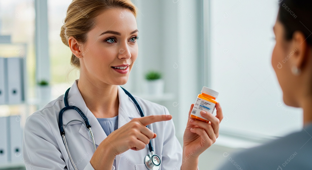 Médica bonita mostrando frasco de rémedio pra paciente