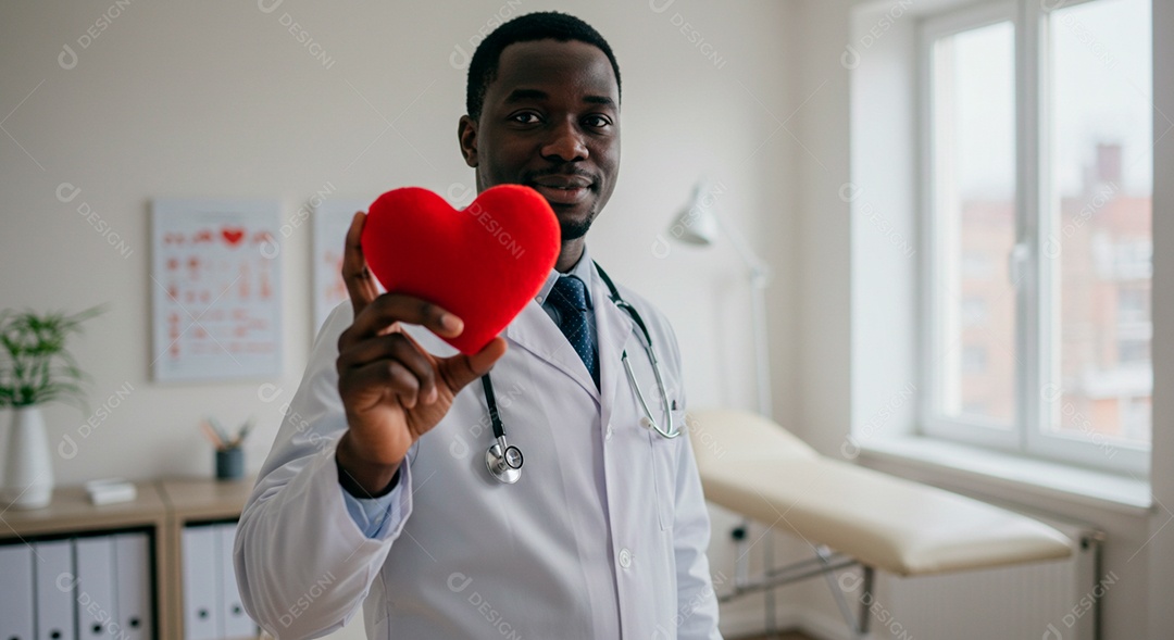 Médico negro bonito fazendo gesto e segurando um coração em sala