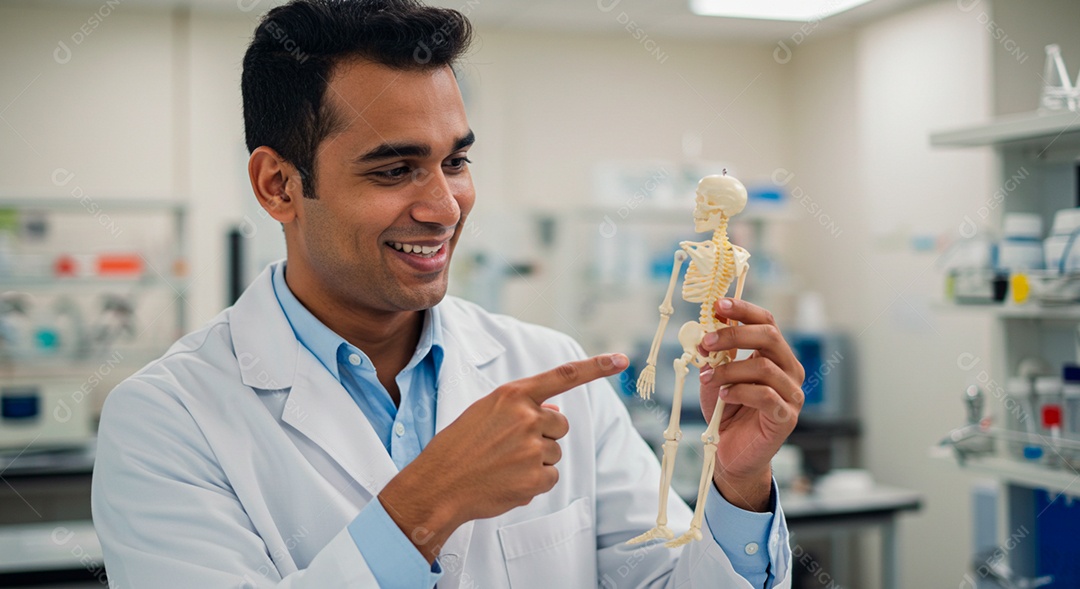 Médico feliz em sala de laboratório