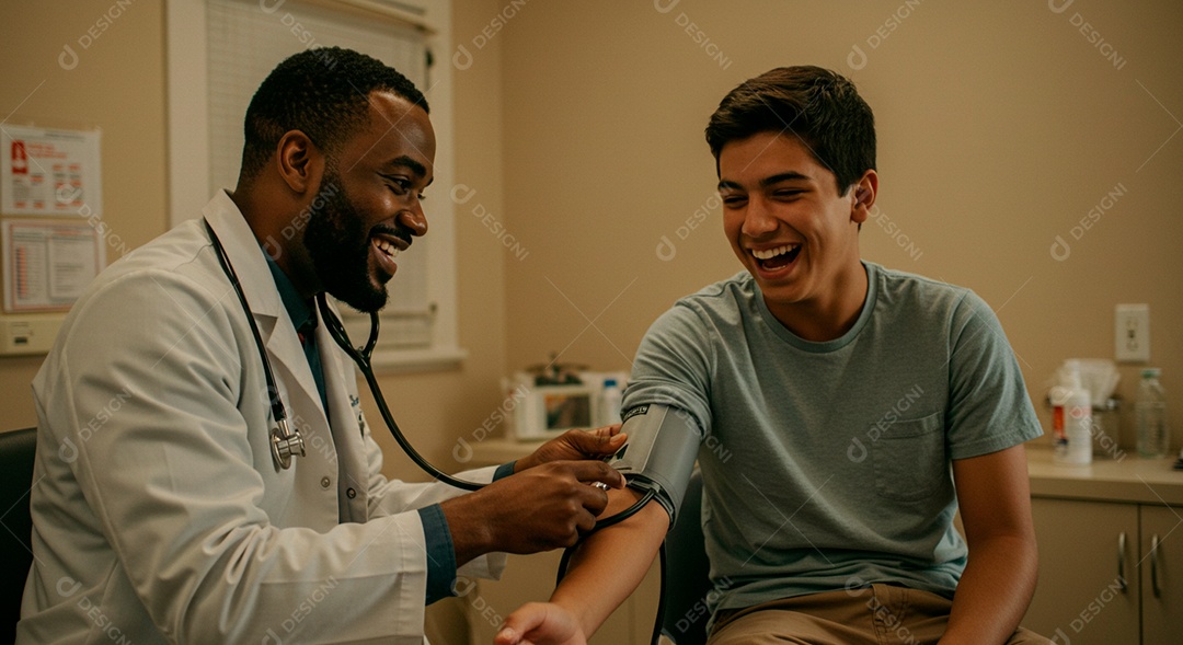 Médico negro feliz examinando um paciente