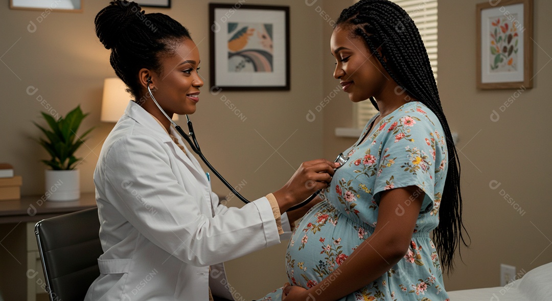 Médica afro linda manuseando atendimento a uma gestante