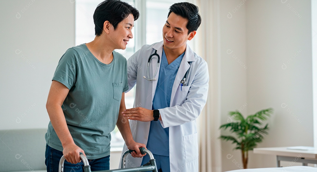 Médico bonito asiático em consulta de fisioterapia com paciente