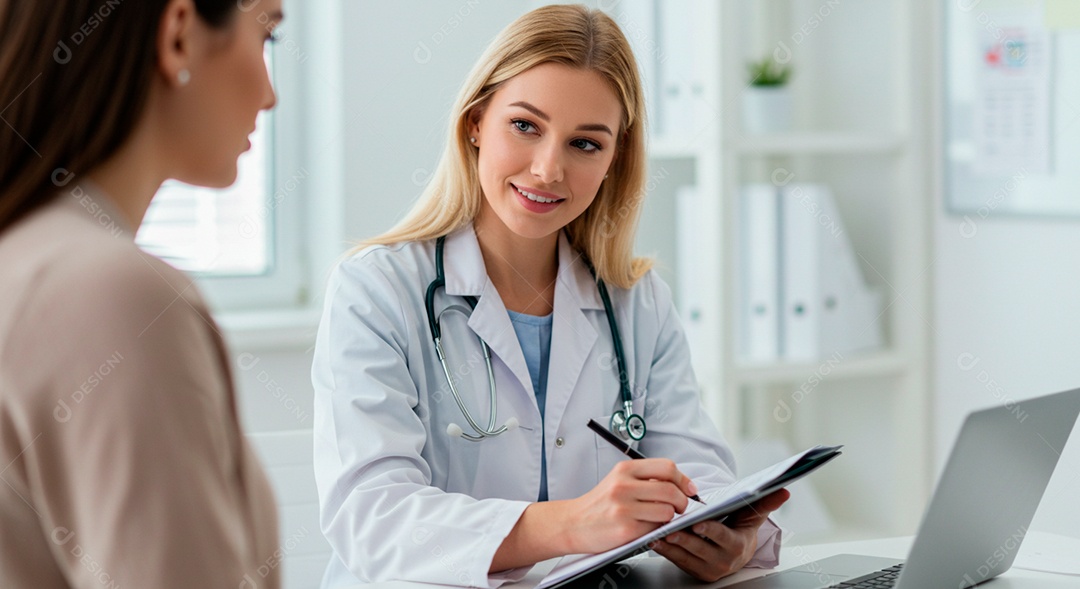 Médica linda segurando laudo de uma paciente em consulta