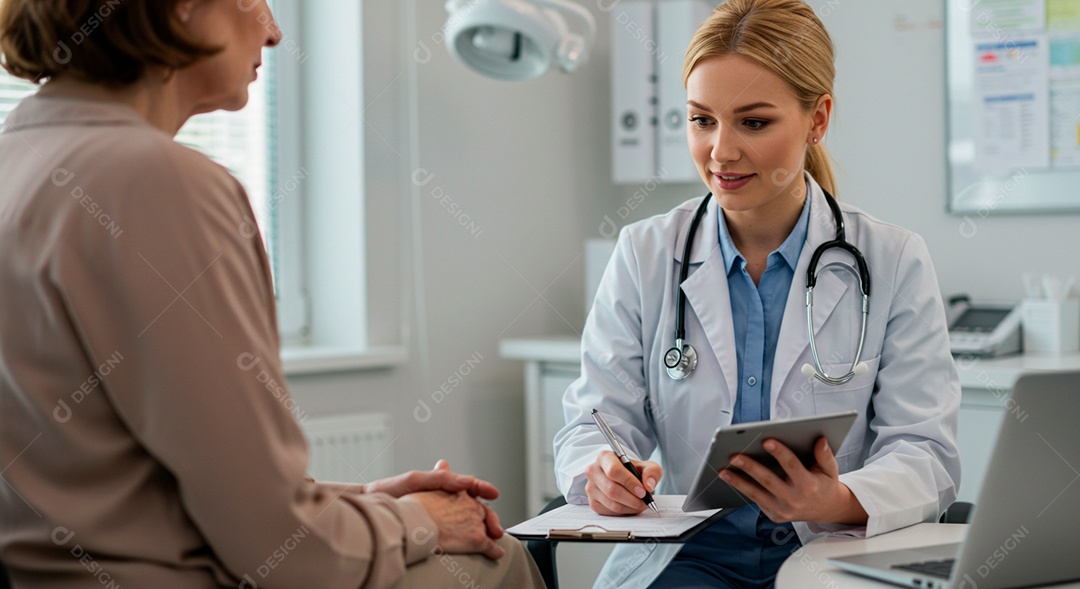 Médica linda segurando laudo de uma paciente em consulta