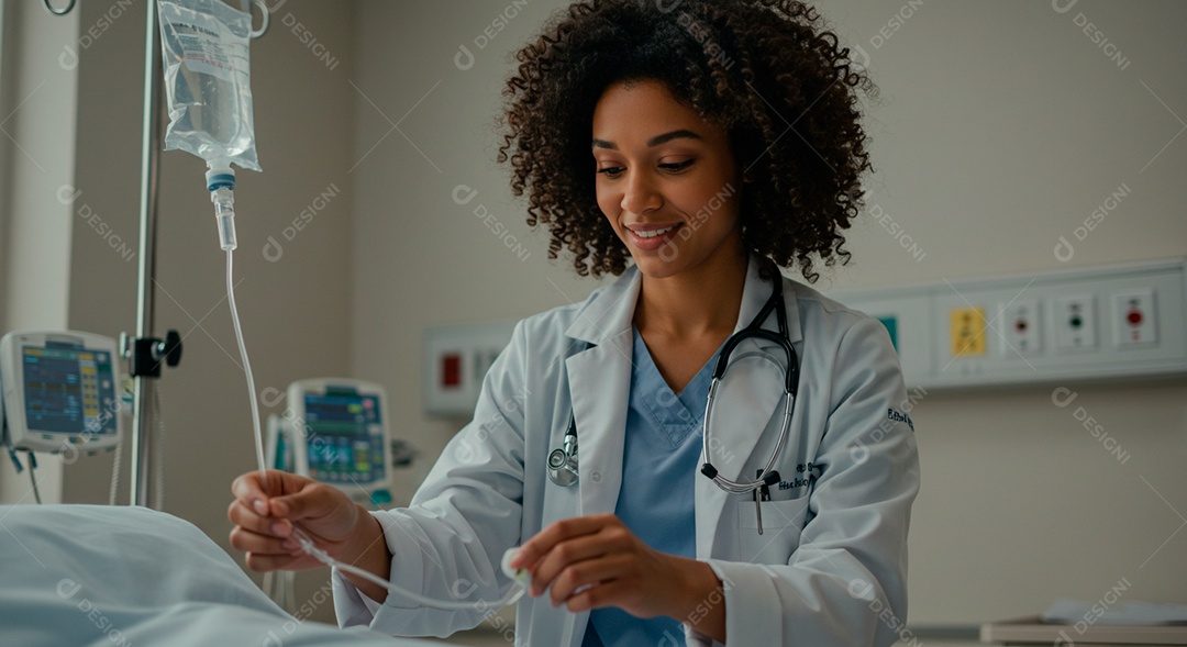 Médica afro linda manuseando medicamentos em paciente