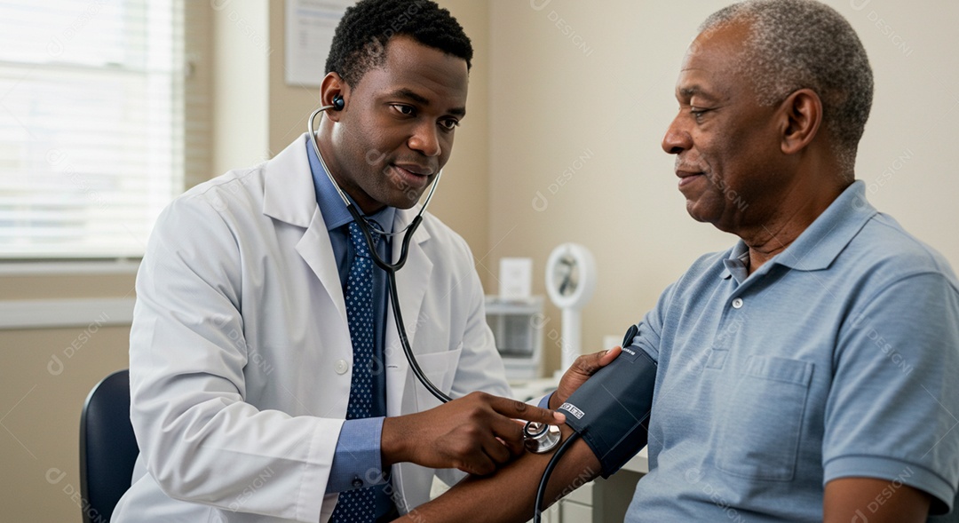 Médico moreno bonito examinando um idoso