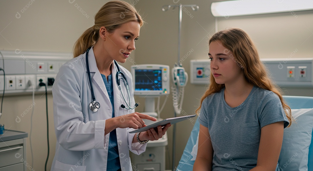 Médica observando caderno de paciente em atendimento