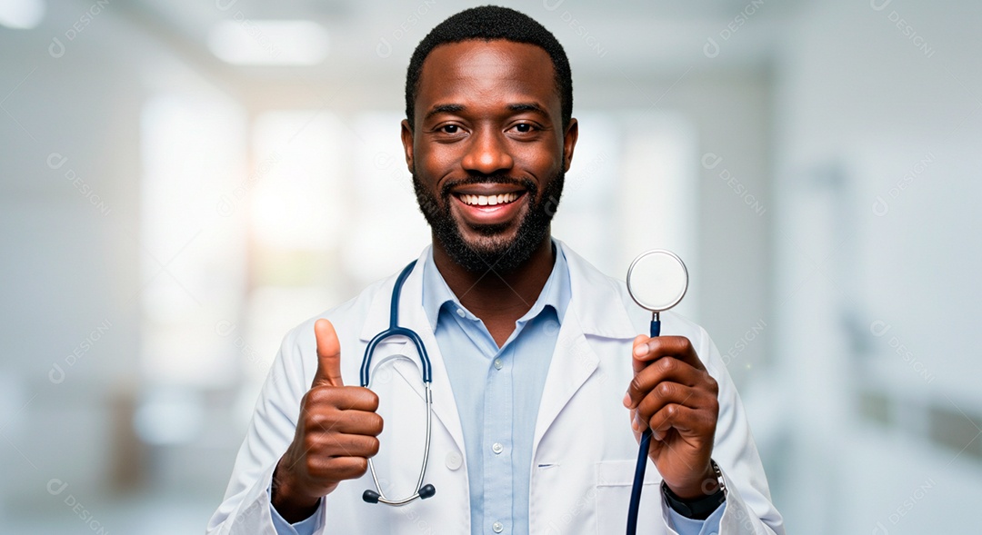 Médico negro feliz no corredor da clínica