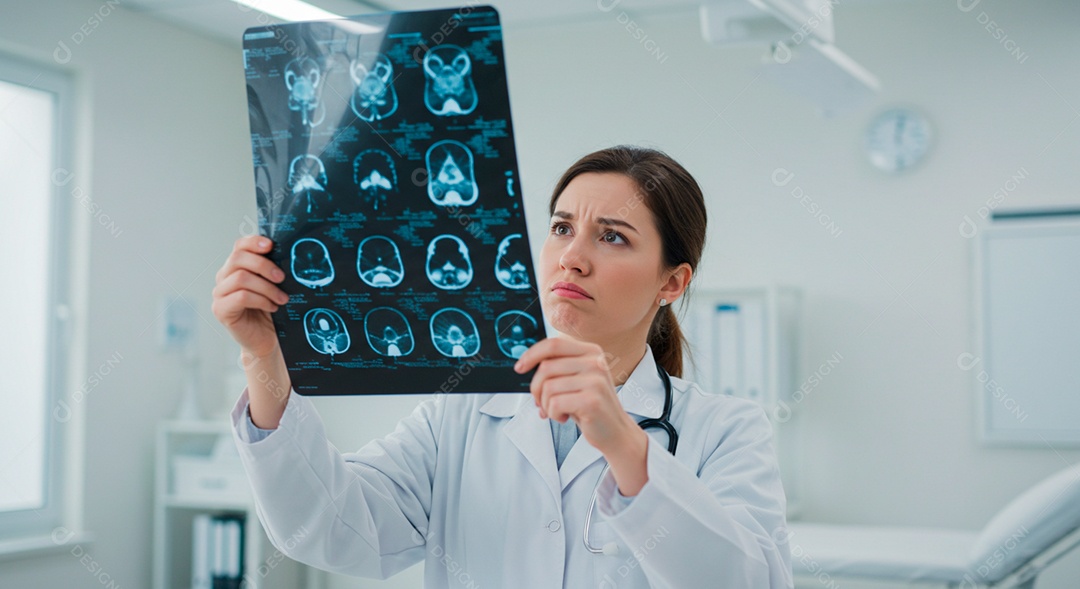 Médica bonita observando exames de um paciente