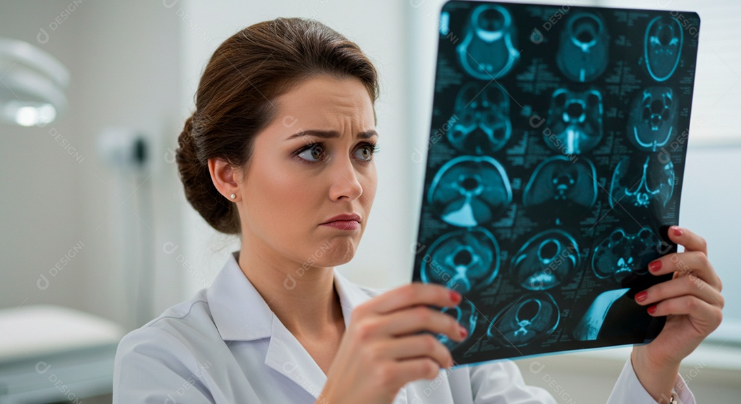 Médica observando exame de pacientes aflita