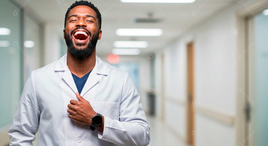 Médico negro feliz no corredor da clínica