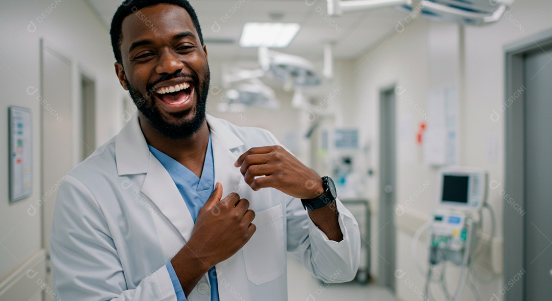 Médico negro feliz no corredor da clínica