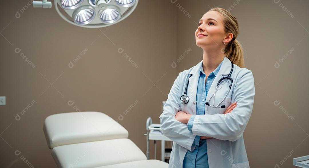 Médica bonita feliz no consultório ligando aparelho para exame