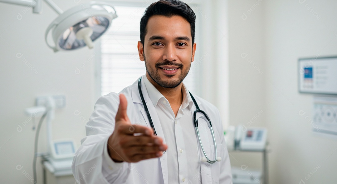 Médico em sala de consultório feliz