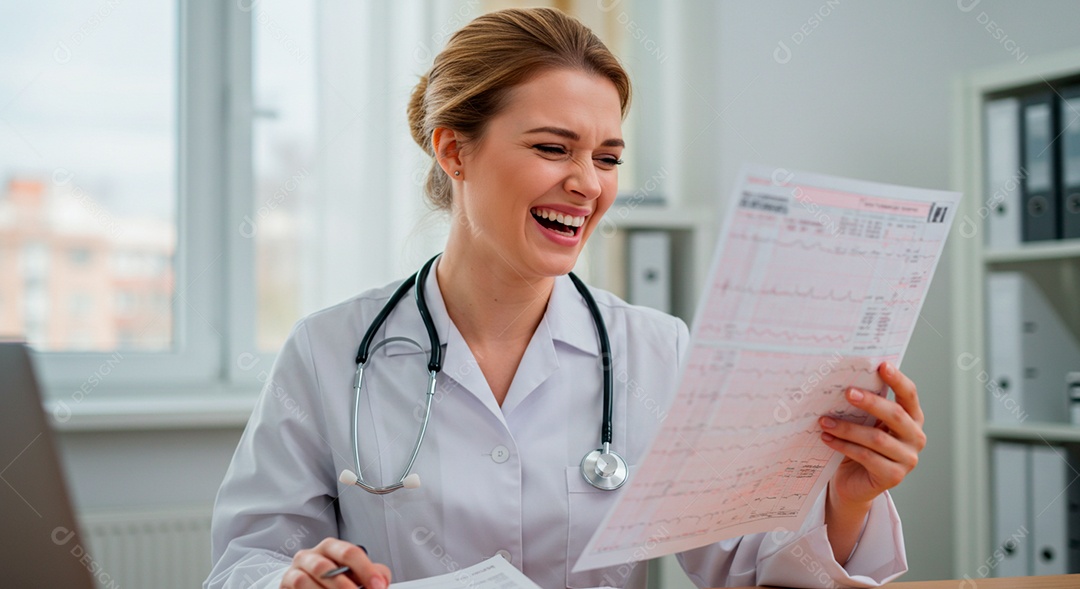 Médica bonita feliz no consultório com exames de pacientes