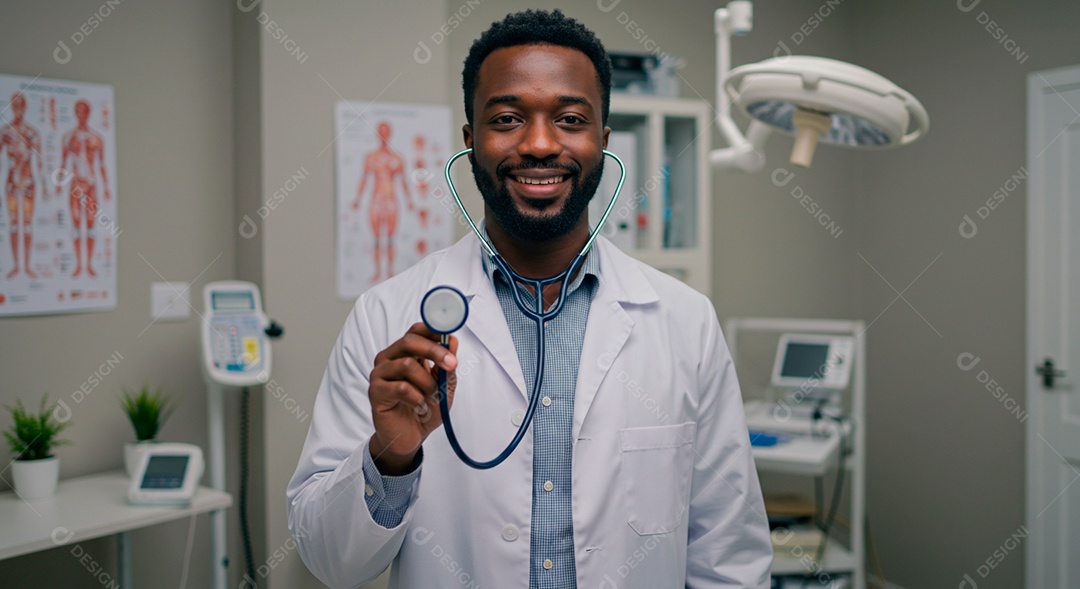 Médico negro mostrando estetoscópio em sala de atendimento