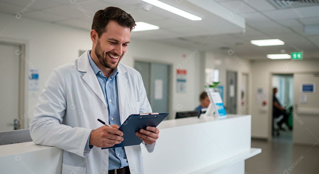 Médico feliz observando prancheta de atendimentos