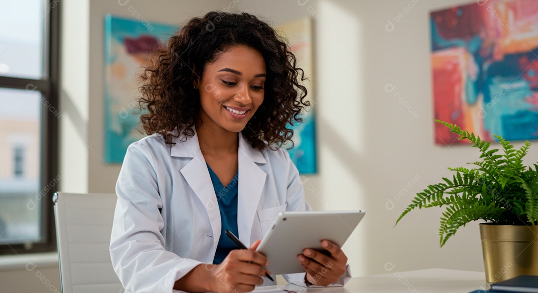 Médica bonita no consultório com prancheta de pacientes