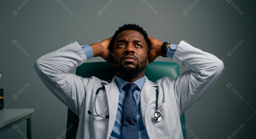 Médico negro olhando para cima com mãos na cabeça