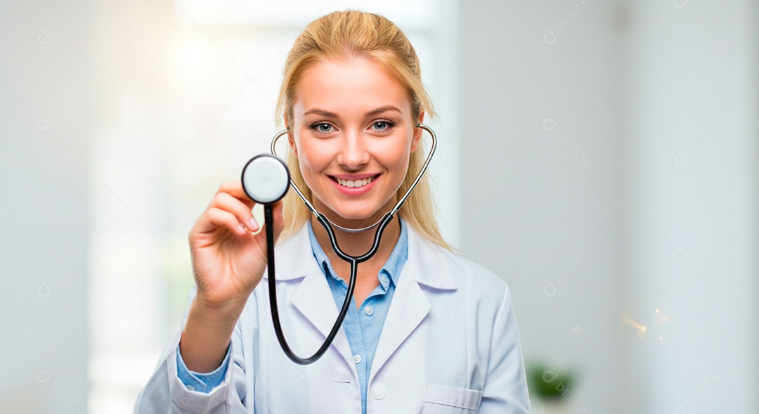 Médica bonita no consultório mostrando estetoscópio