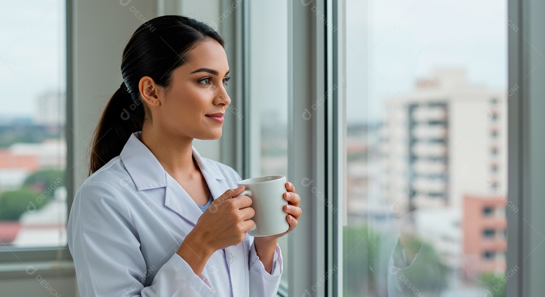 Médica bonita no corredor de consultório tomando café