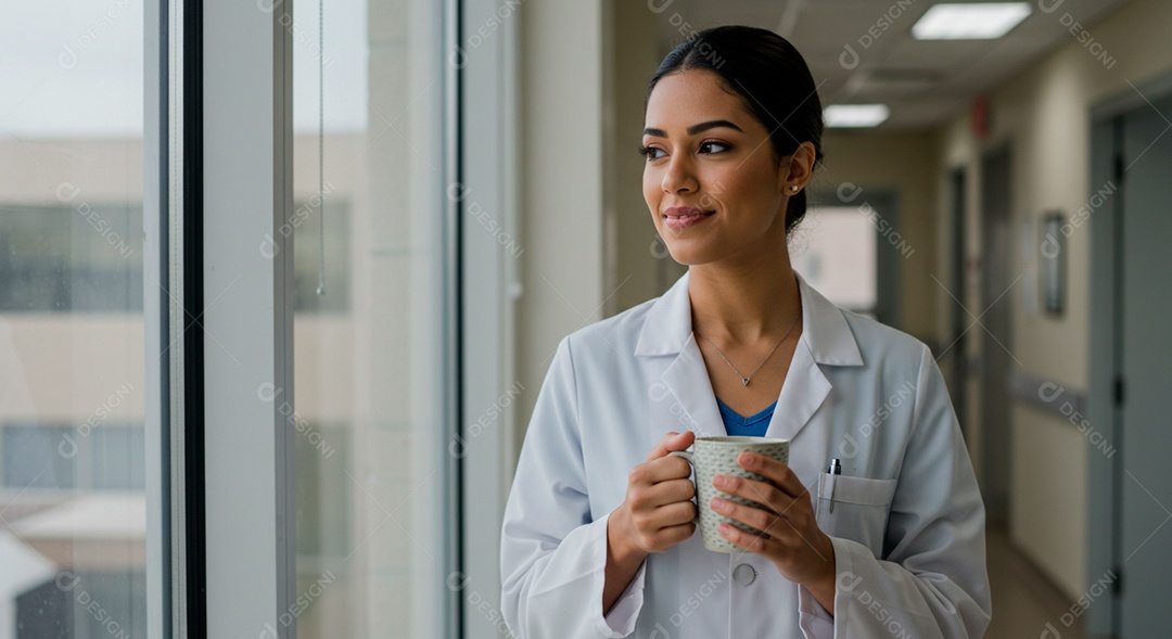Médica bonita corredor de consultório tomando café