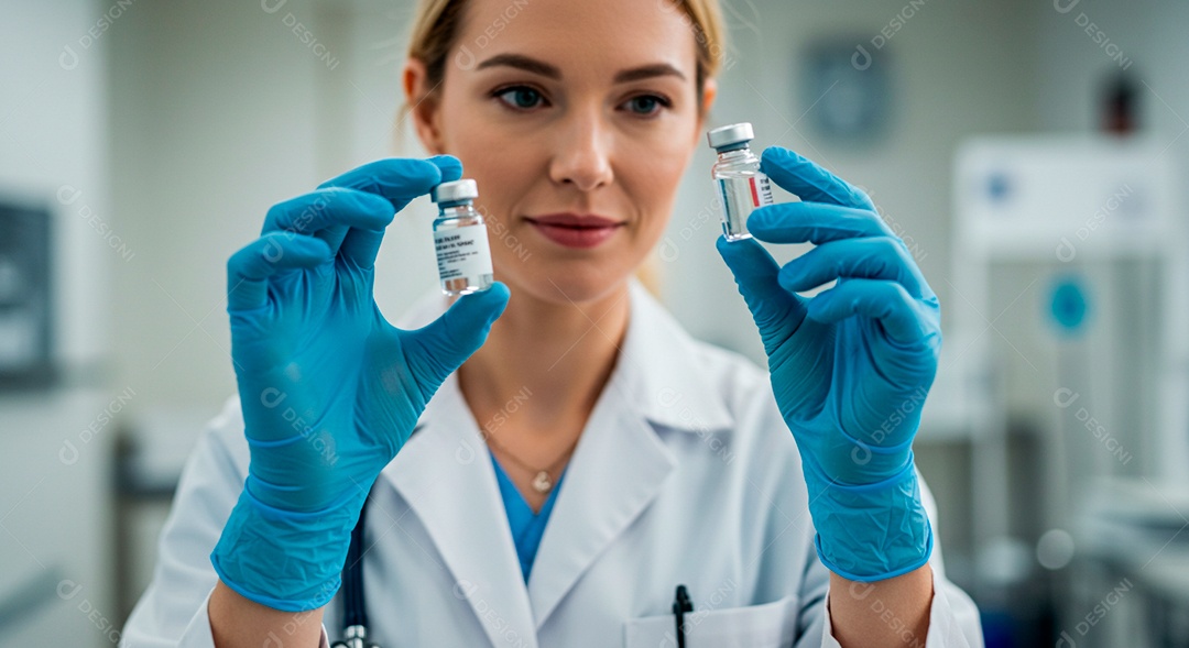 Médica com frascos de medicamentos nas mãos