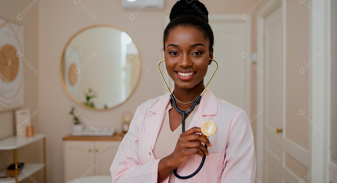 Médica linda negra fazendo pose com estetoscópio