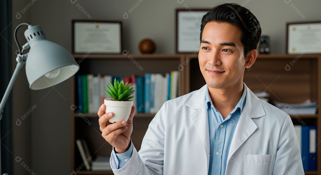 Médico asiático segurando uma planta no interior da sala de atendimento