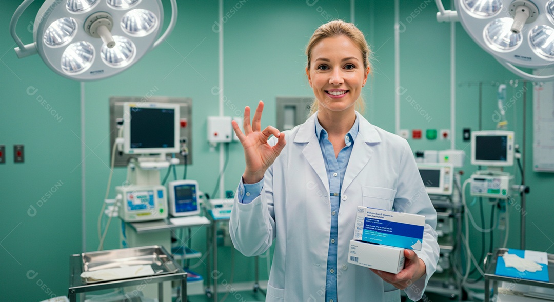 Médica linda fazendo gesto de legal nas mãos