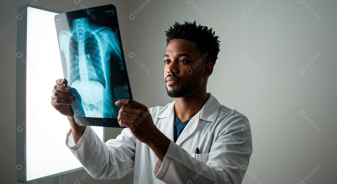 Médico negro olhando raio x de um paciente
